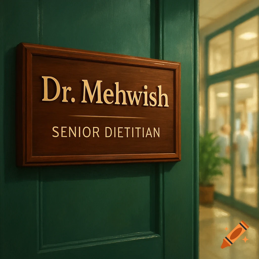 A wooden nameplate on a dark green door reads 'Dr. Mehwish, Senior Dietitian', with a blurry hospital hallway in the background.