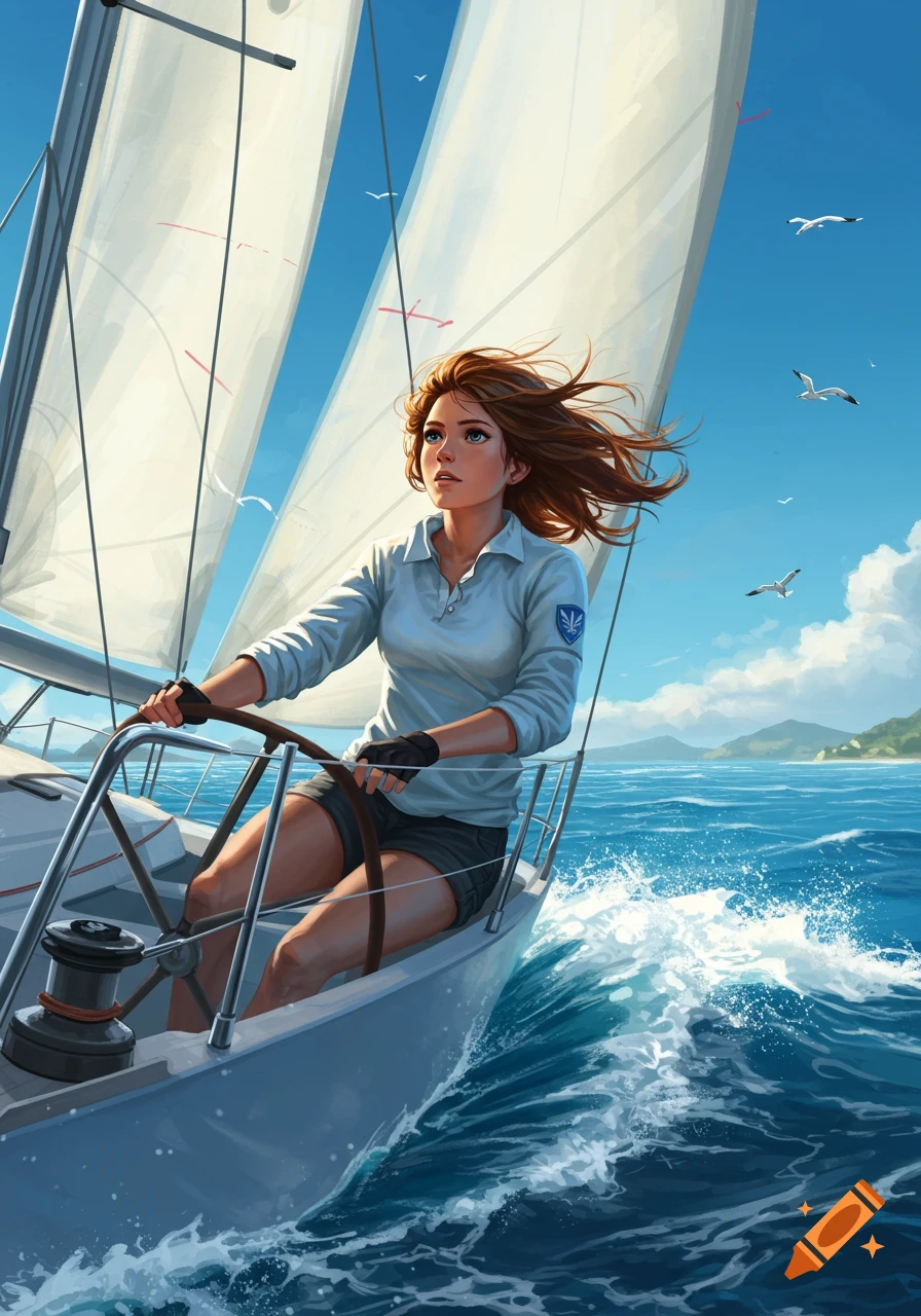 A young woman with brown hair steers a sailboat on a bright blue ocean with white sails billowing, in a vibrant digital painting style.