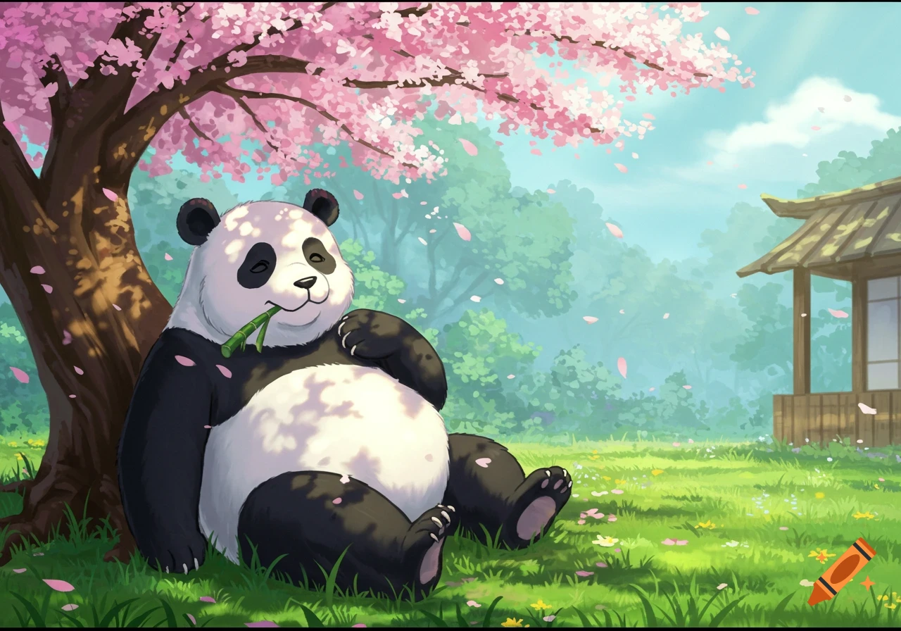 A cute cartoon panda sits under a pink cherry blossom tree, happily eating bamboo amidst falling petals in a scenic garden.