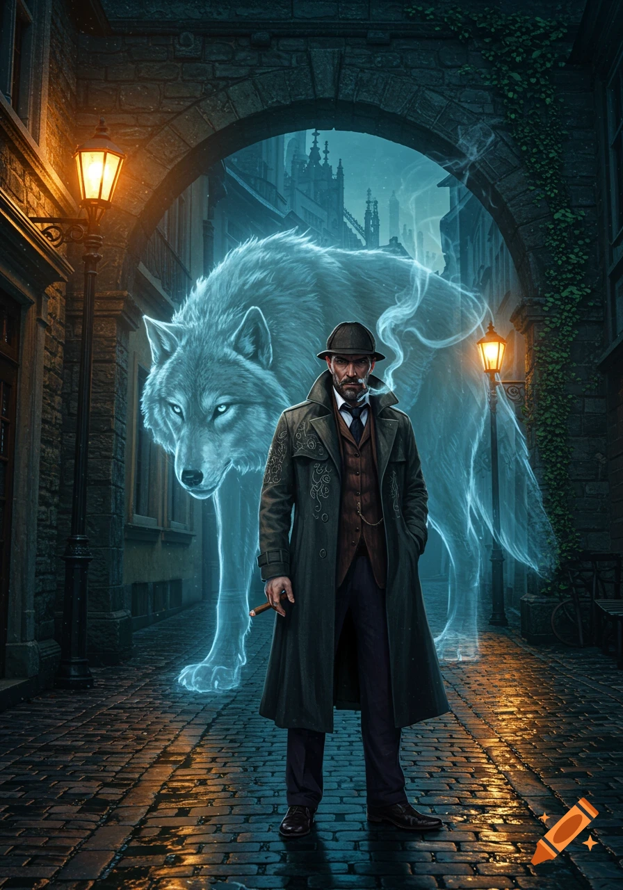 A trench-coated detective with a cigar stands on a wet cobblestone street with a large, glowing ethereal wolf in a dark, medieval city.