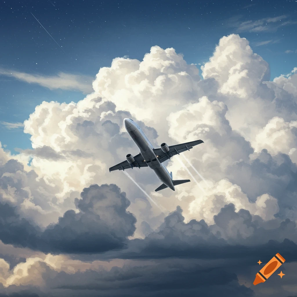 A white airplane flies upwards through a dramatic sky filled with large white and dark clouds.