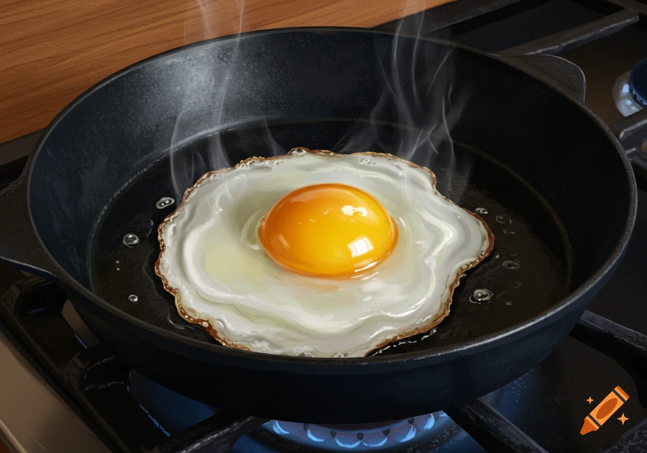 A single fried egg cooks in a black cast-iron pan on a gas stove with steam rising, photorealistic style.