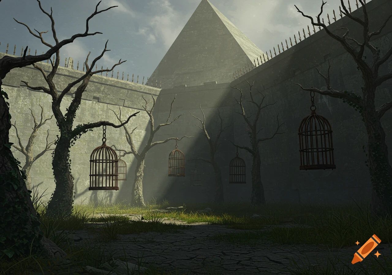 A gloomy prison yard with bare trees, hanging cages, and a pyramid-like wall under a misty sky.