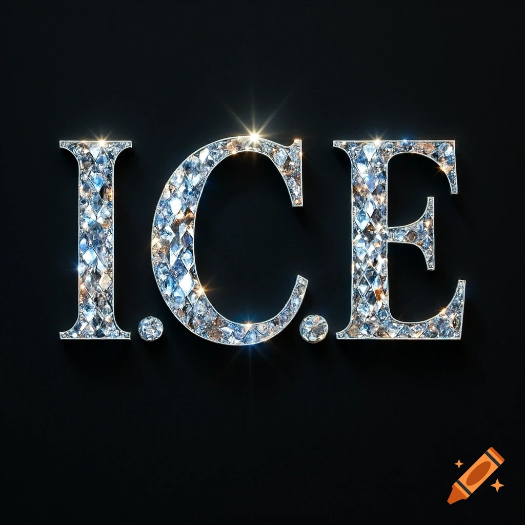 A logo spelling "I.C.E." in large, sparkling diamond-encrusted letters on a solid black background.