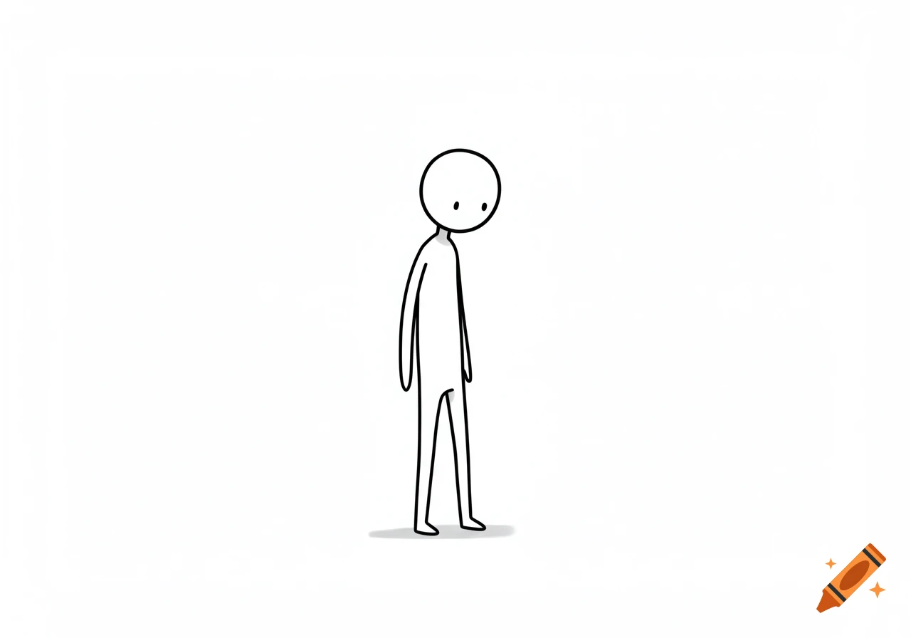 A minimalist black and white stick figure with a circular head and small eyes, looking down, on a plain white background.