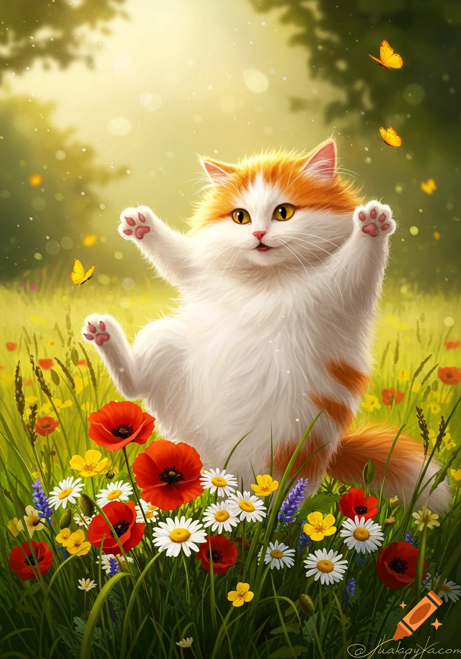 A fluffy orange and white cat stands on its hind legs in a field of colorful wildflowers, reaching for butterflies under a sunny sky.