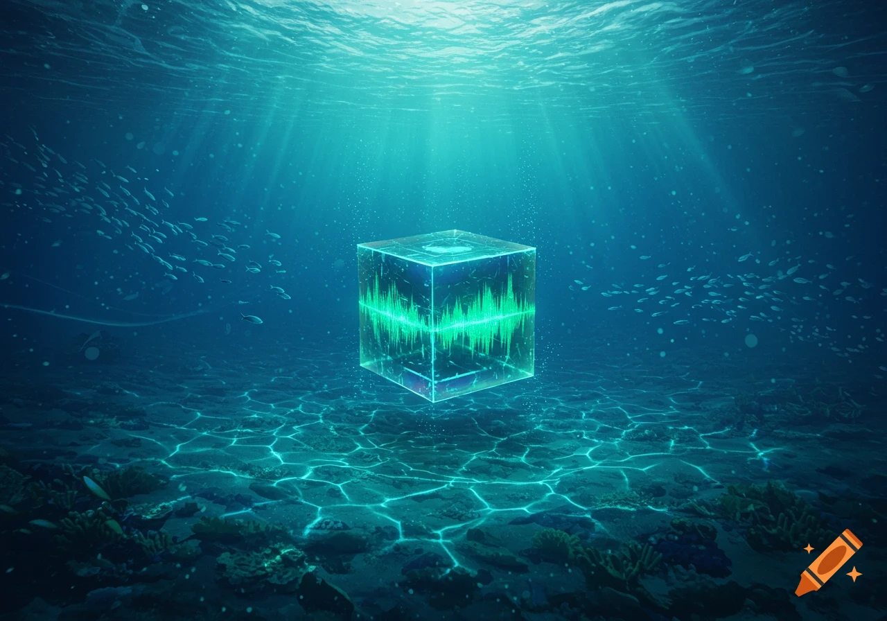 A glowing transparent cube with a green waveform floats in deep blue water, illuminated by sunbeams, surrounded by schools of fish.