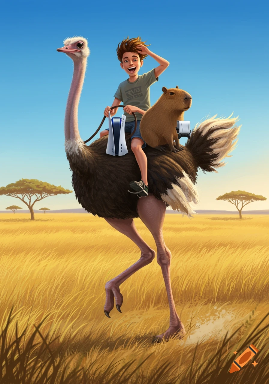 A smiling boy rides an ostrich with a capybara holding a PS5, in a stylized savanna landscape.