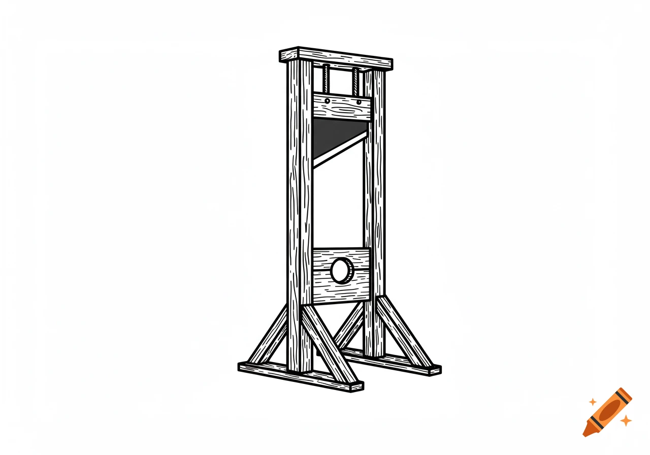 A black and white clip art illustration of a wooden guillotine with a sharp blade.