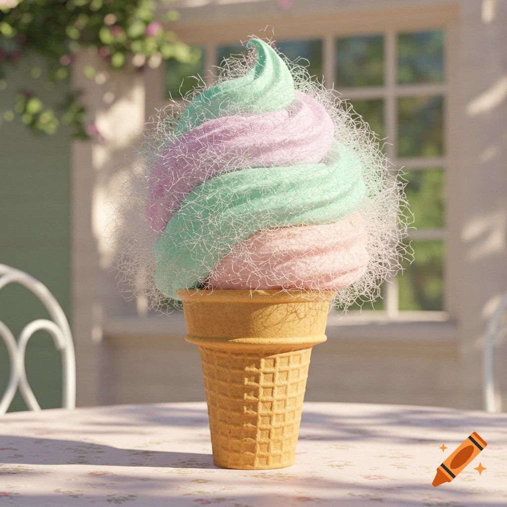 Pink and mint green swirled hairy ice cream cone sits on a floral table outdoors.