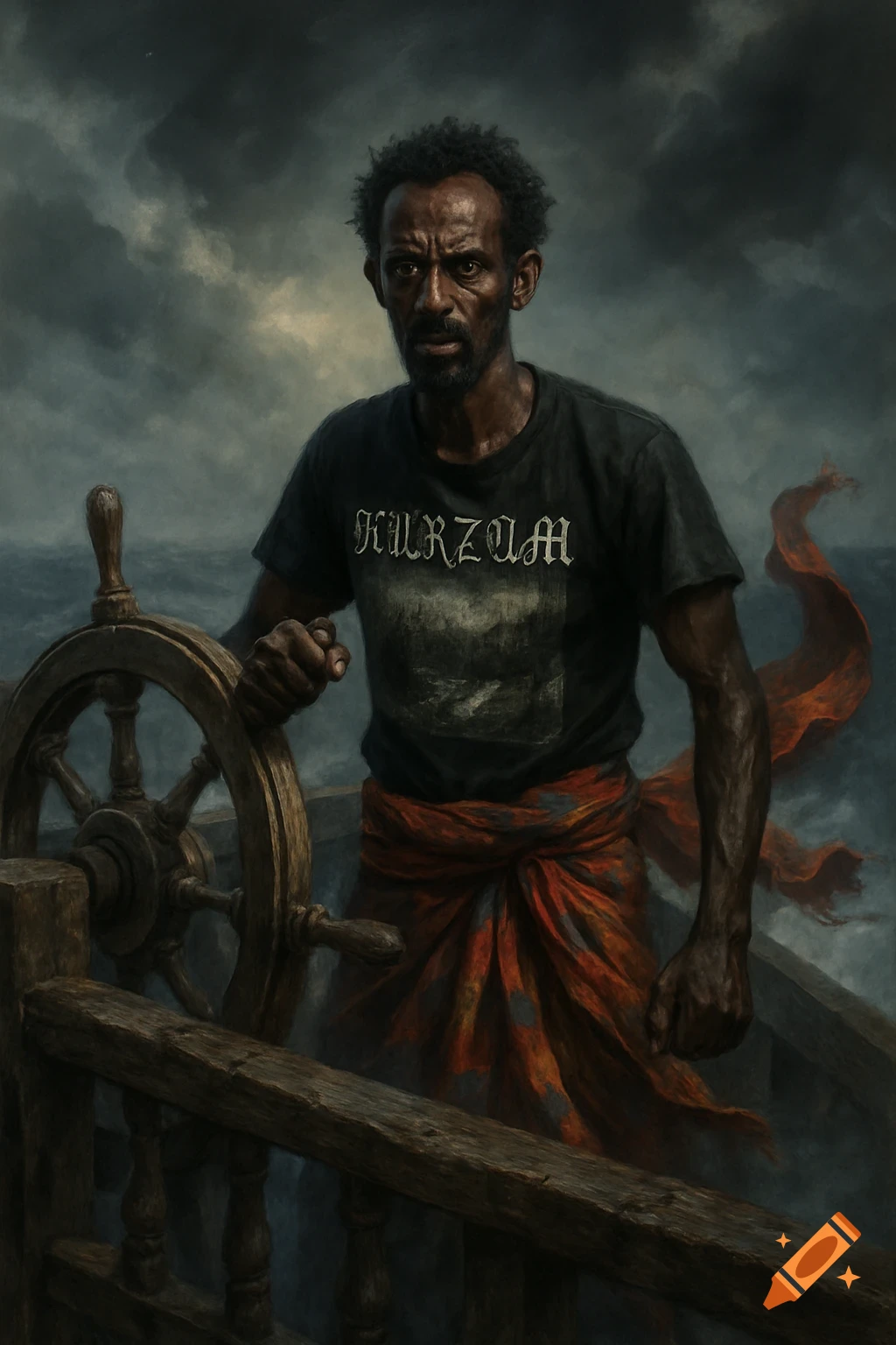 Dramatic painting of a dark-skinned man steering a ship's wheel in a stormy sea, wearing a dark t-shirt and an orange wrap.