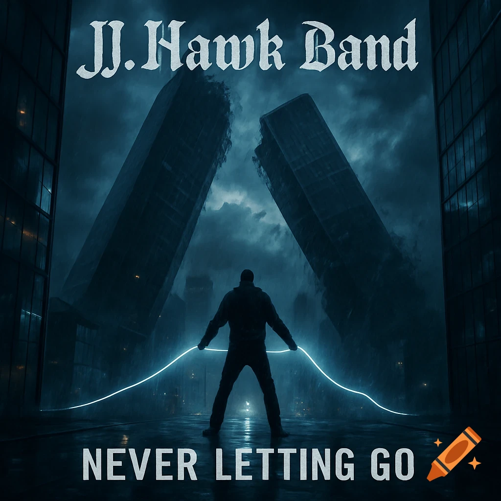 A lone figure holds a glowing blue cable between two collapsing skyscrapers under a stormy dark blue sky. Text reads 'JJ.Hawk Band' at the top and 'NEVER LETTING GO' at the bottom.