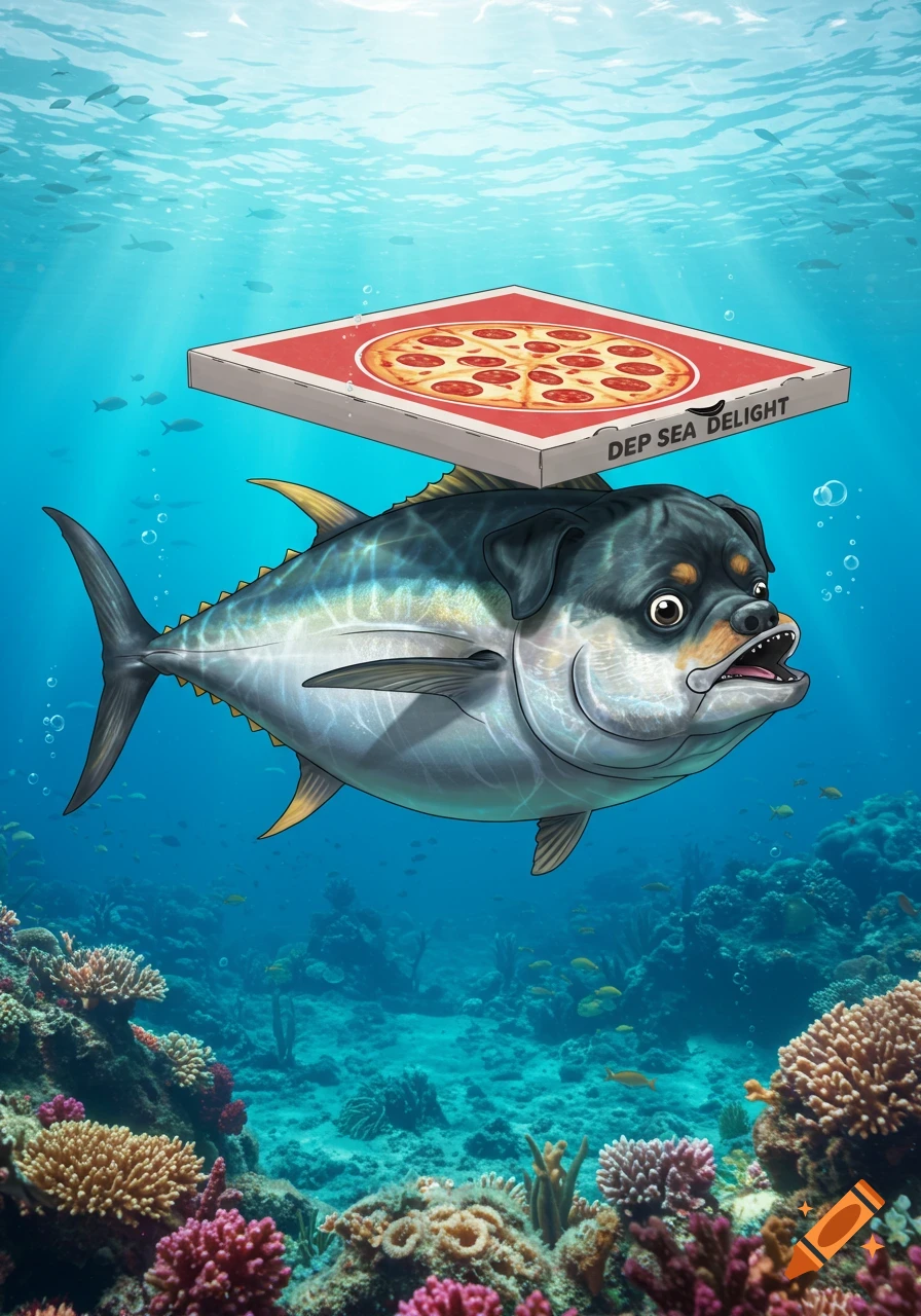 A cute tuna fish with a Rottweiler head carries a pizza box labeled "DEP SEA DELIGHT" through a vibrant underwater coral reef.