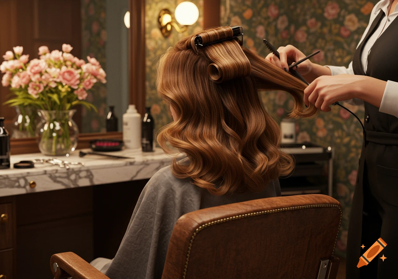 A woman getting her long, wavy hair curled by a stylist in a luxurious salon setting, with pink flowers in the background.