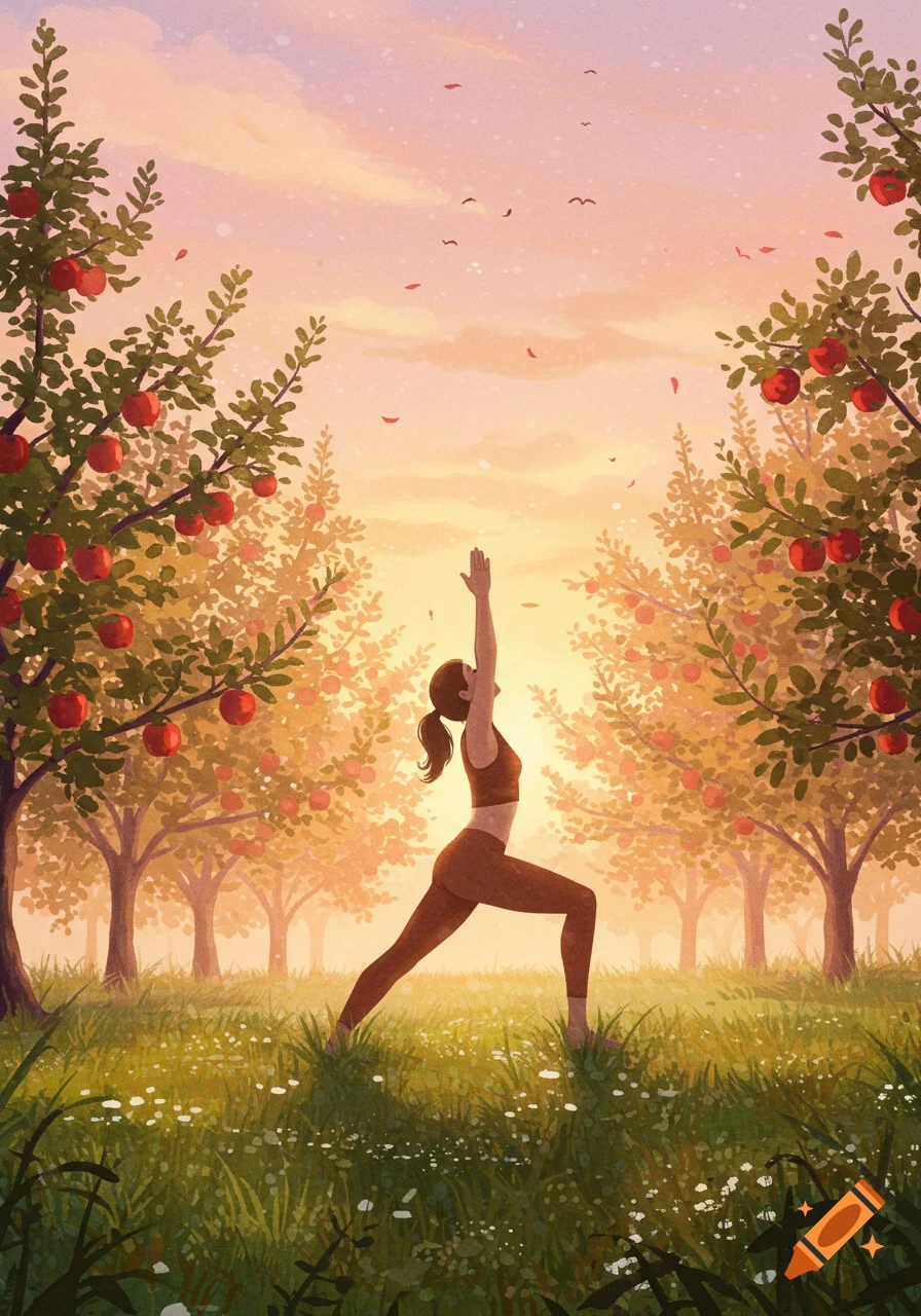 A woman practices yoga in a warrior pose amidst a vibrant apple orchard at sunrise, in a watercolor style.