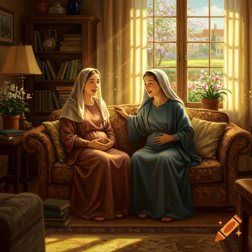 Two pregnant women in long dresses sit on a patterned sofa in a sunlit room, conversing. A window overlooks a blooming garden.
