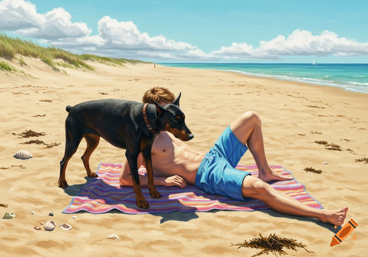 A Doberman stands over a man in blue swim trunks sunbathing on a striped towel at a sunny beach with clear blue water and white clouds.