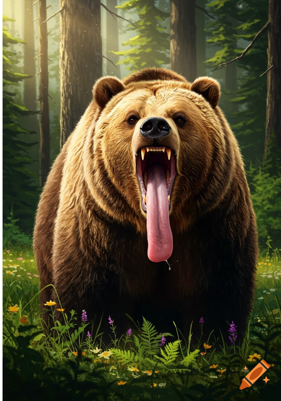 A stylized illustration of a roaring grizzly bear with an extremely long pink tongue hanging out, standing in a lush forest with wildflowers.