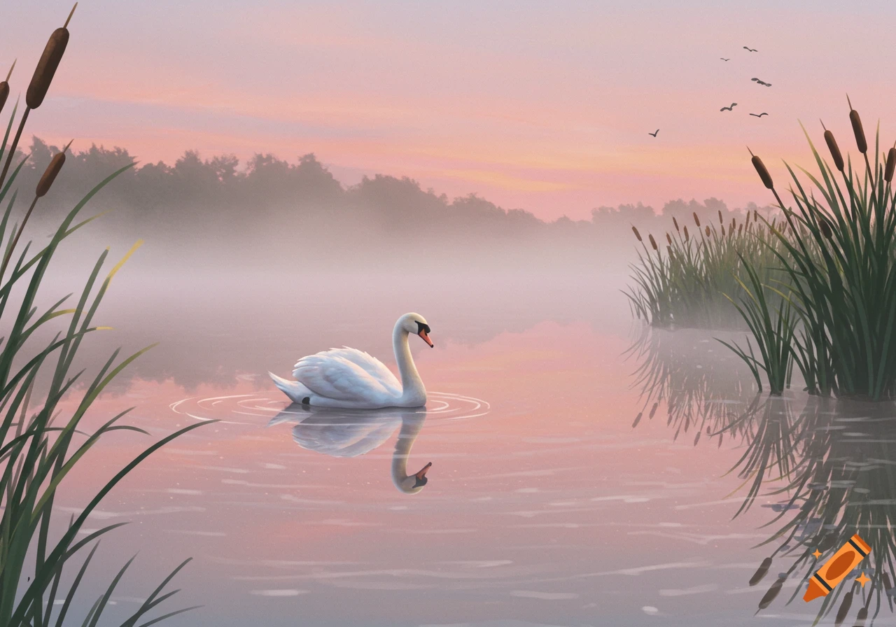A white swan floats peacefully on a misty lake at sunset, flanked by cattails and distant trees under a pastel sky.