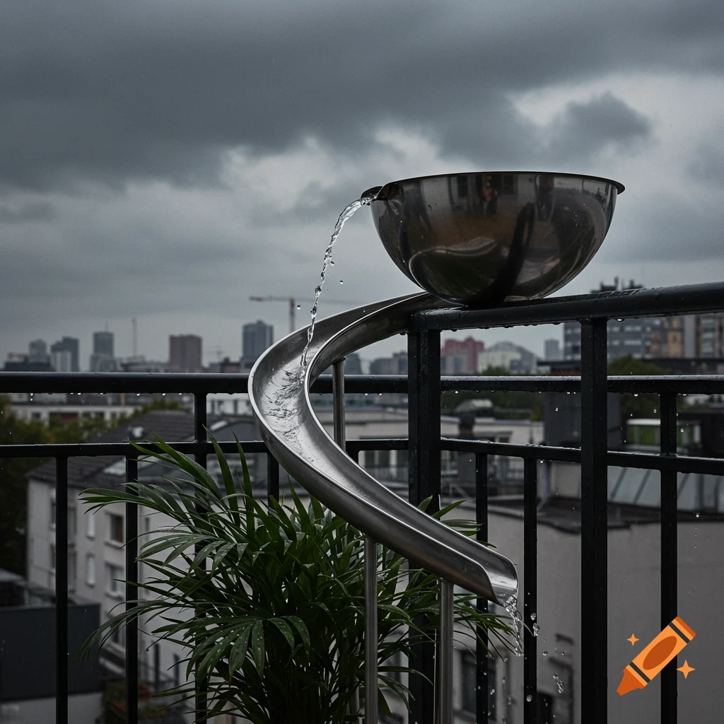Water from a metal bowl flows down a curved slide to a potted plant on a balcony, with a cloudy city skyline in the background.