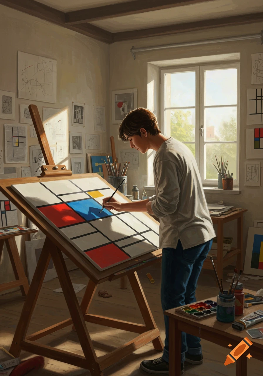 A young person painting a Piet Mondrian-style abstract artwork on an easel in a sunlit art studio.