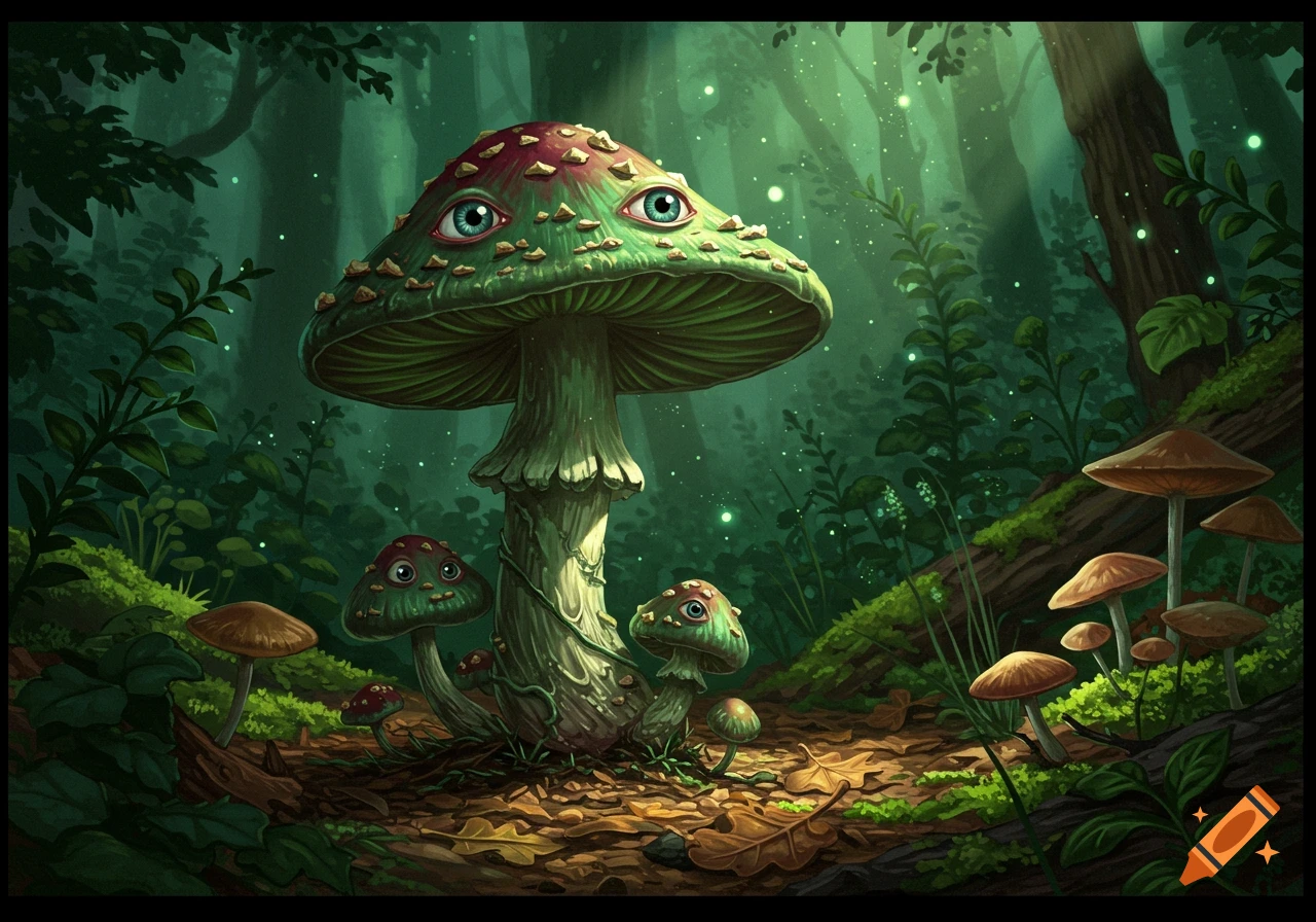 A large, green fantasy mushroom with two human-like eyes in a dark, magical forest with glowing particles, surrounded by smaller eyed mushrooms, in a book illustration style.