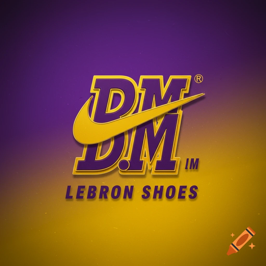 A purple and yellow logo featuring a stylized 'DM' with a Nike swoosh, and 'LEBRON SHOES' text below, on a gradient background.