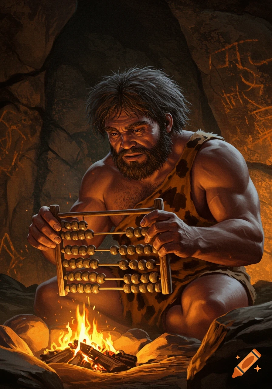 A muscular caveman with a beard intently uses a wooden abacus while sitting by a campfire in a cave with wall carvings, digital painting.