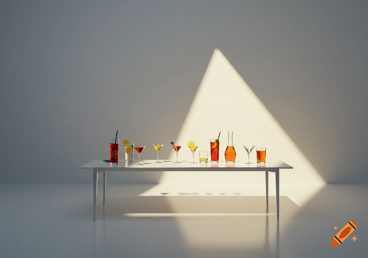 A minimalist scene with a white table holding a variety of colorful cocktails, illuminated by a triangular beam of sunlight against a light wall.