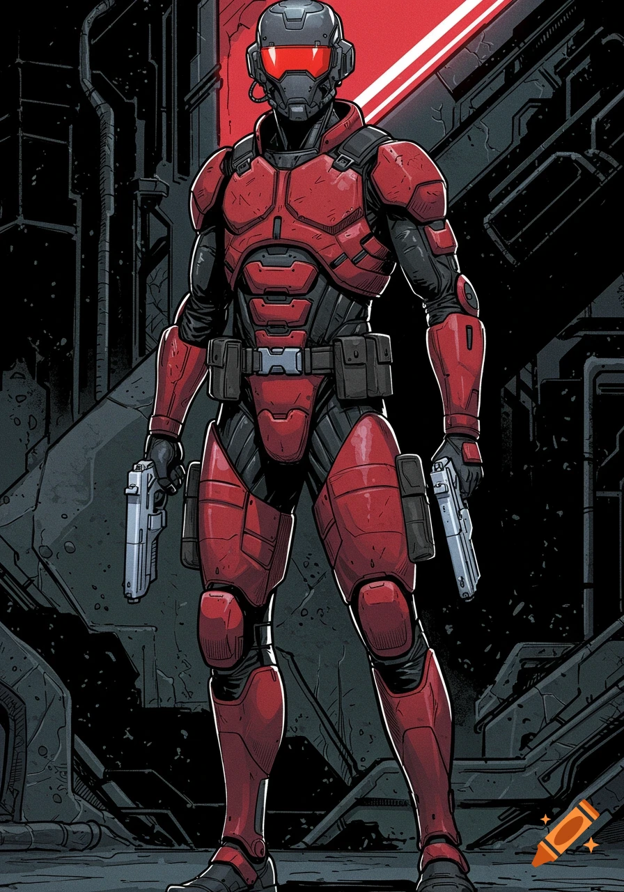 A red and black armored sci-fi soldier in a helmet with a glowing red visor stands holding two silver pistols in a dark, stylized setting.