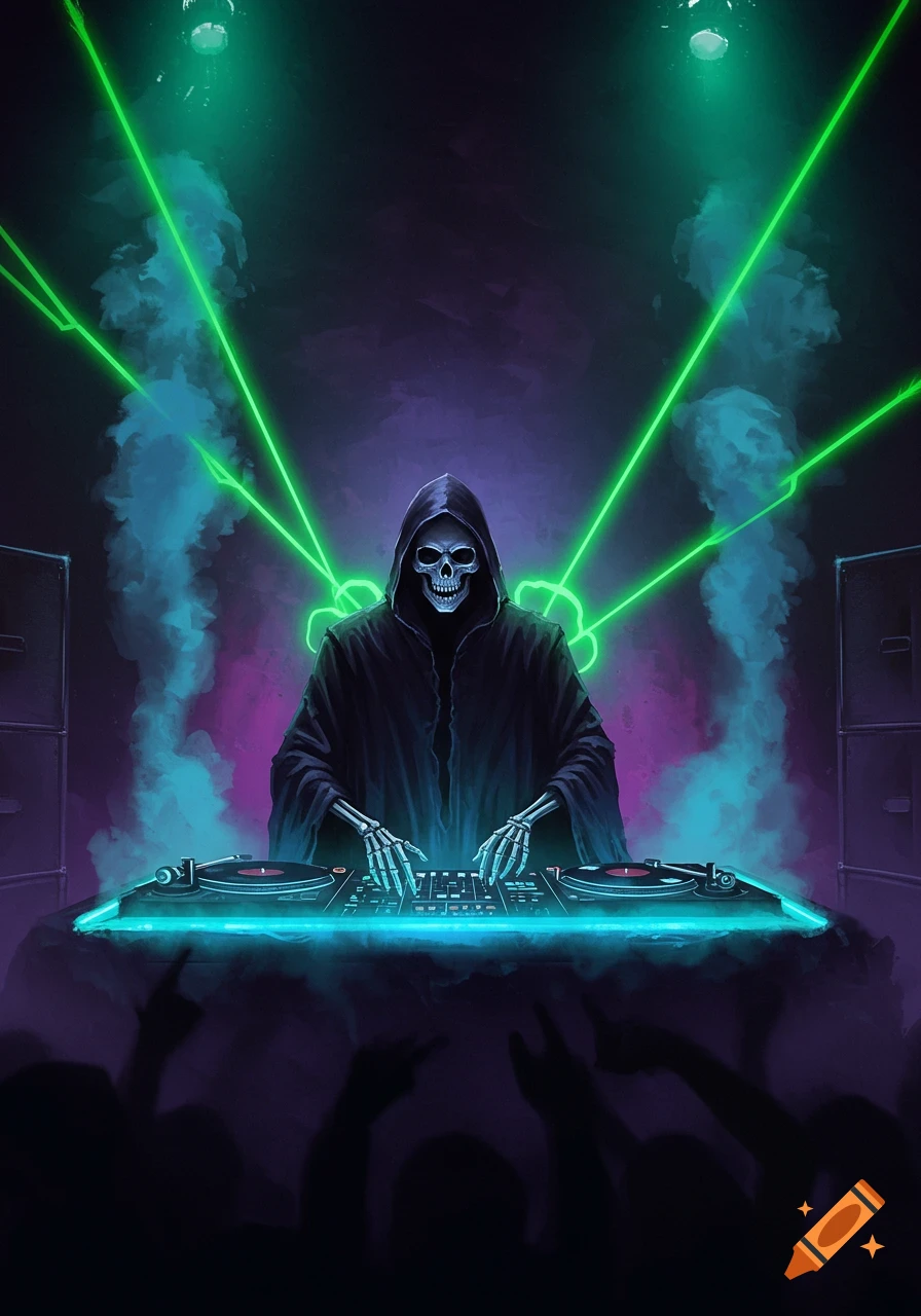 Skeletal Grim Reaper in black robe DJing on a dark stage with neon green lasers, blue smoke, and a glowing blue DJ booth.
