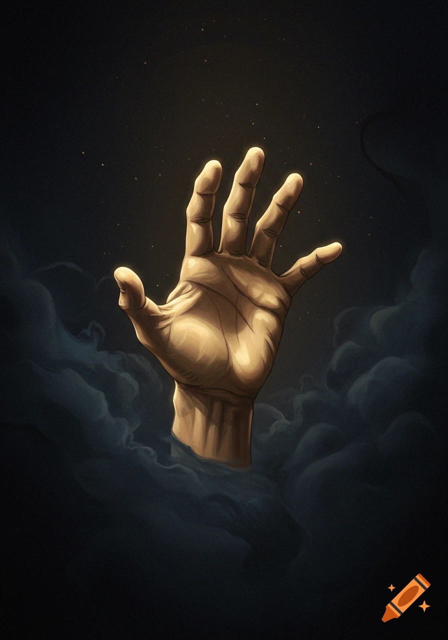 A digital painting of a hand reaching upwards from dark, ethereal clouds into a starlit night sky.
