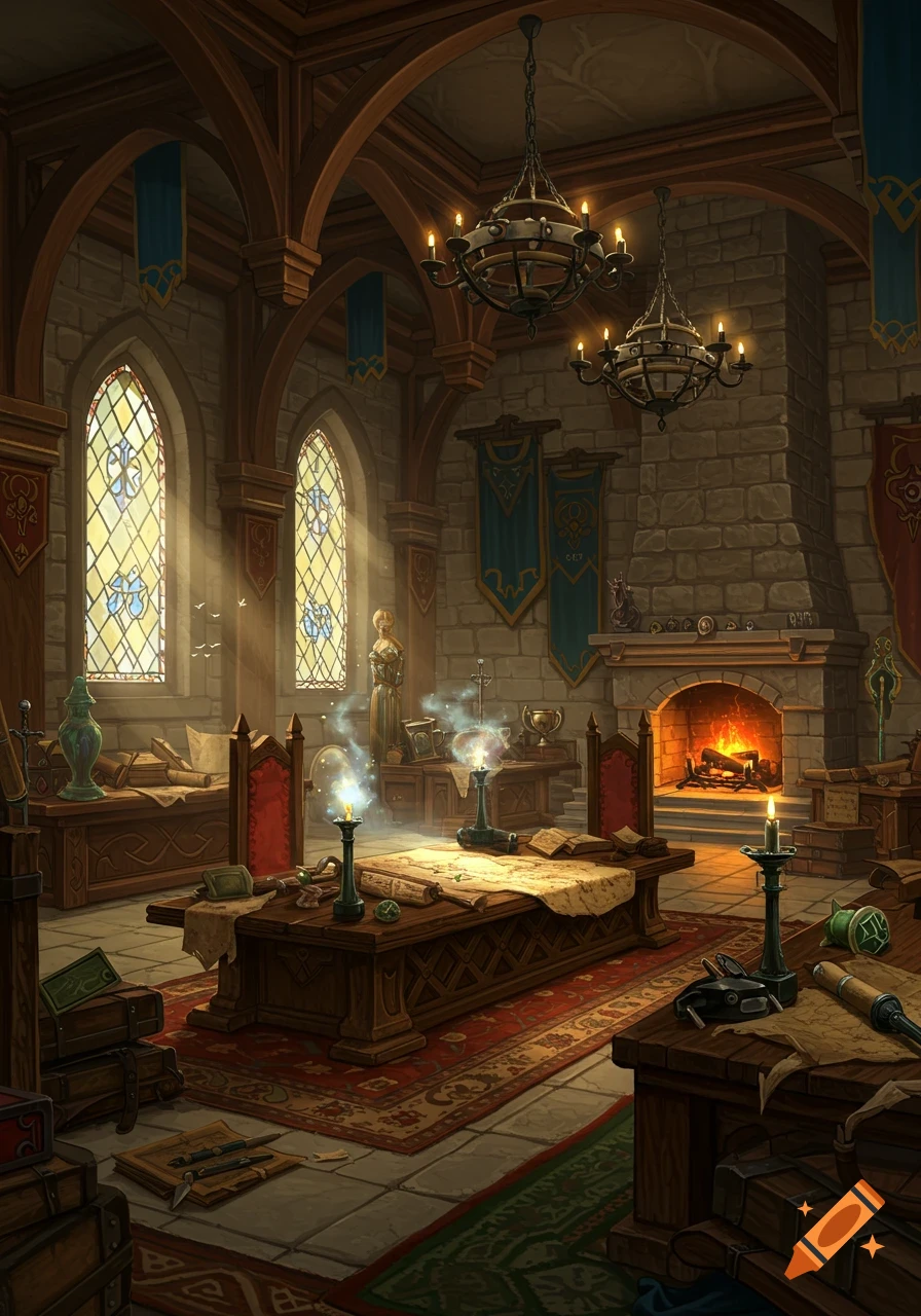 A detailed interior of a medieval-fantasy guild hall or study room with arched windows, chandeliers, a fireplace, and ancient artifacts.