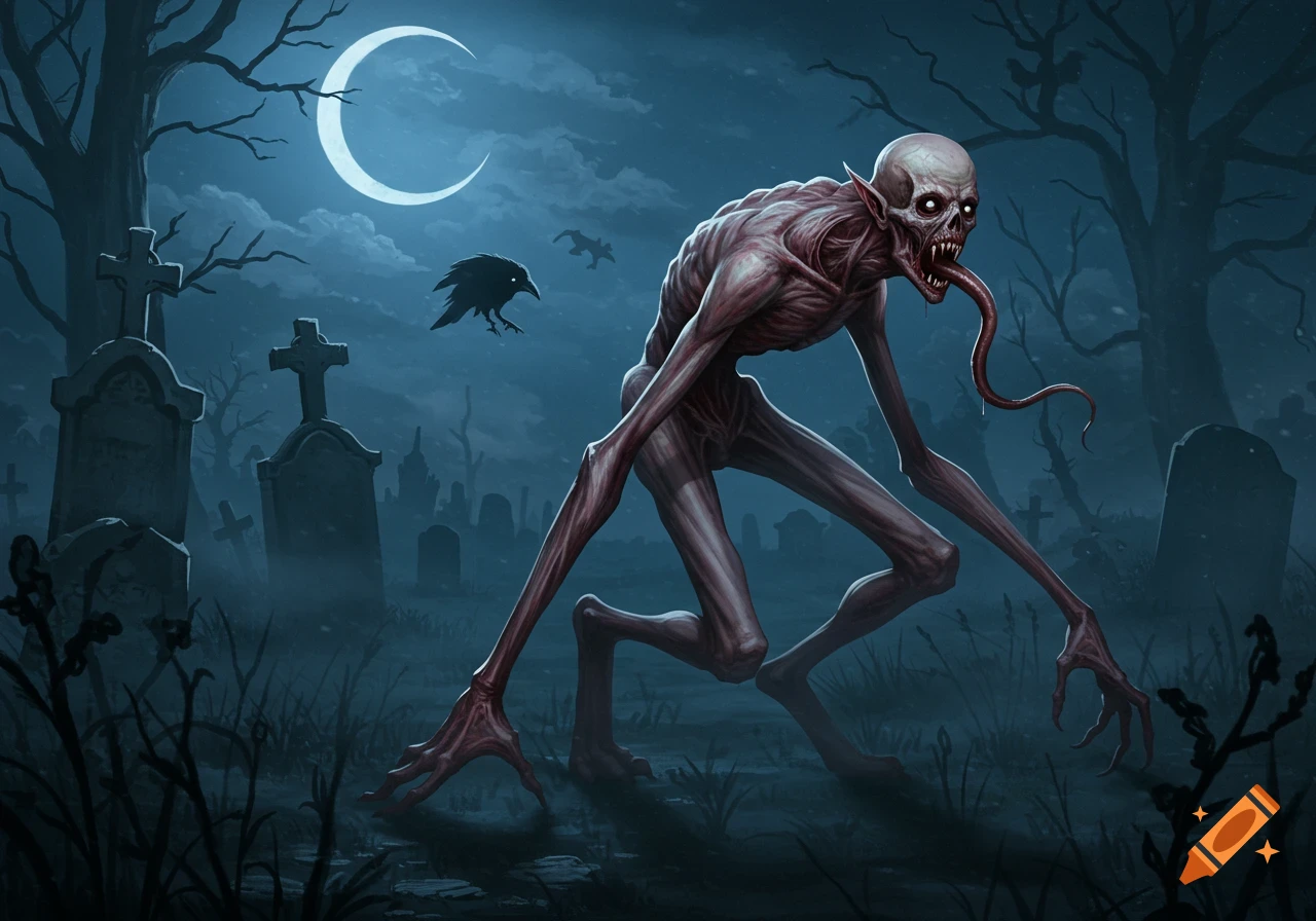A grotesque, emaciated, vampire-like monster with glowing eyes and a long tongue stalks a foggy graveyard under a crescent moon, with bare trees and tombstones.