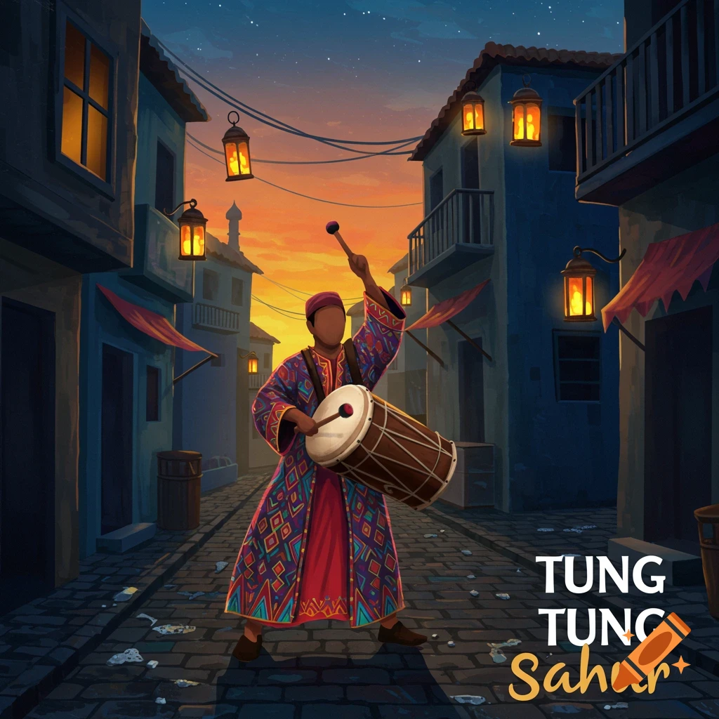Illustration of a person in a colorful robe playing a drum on a street at sunset with lanterns. Text 'TUNG TUNG Sahur'.