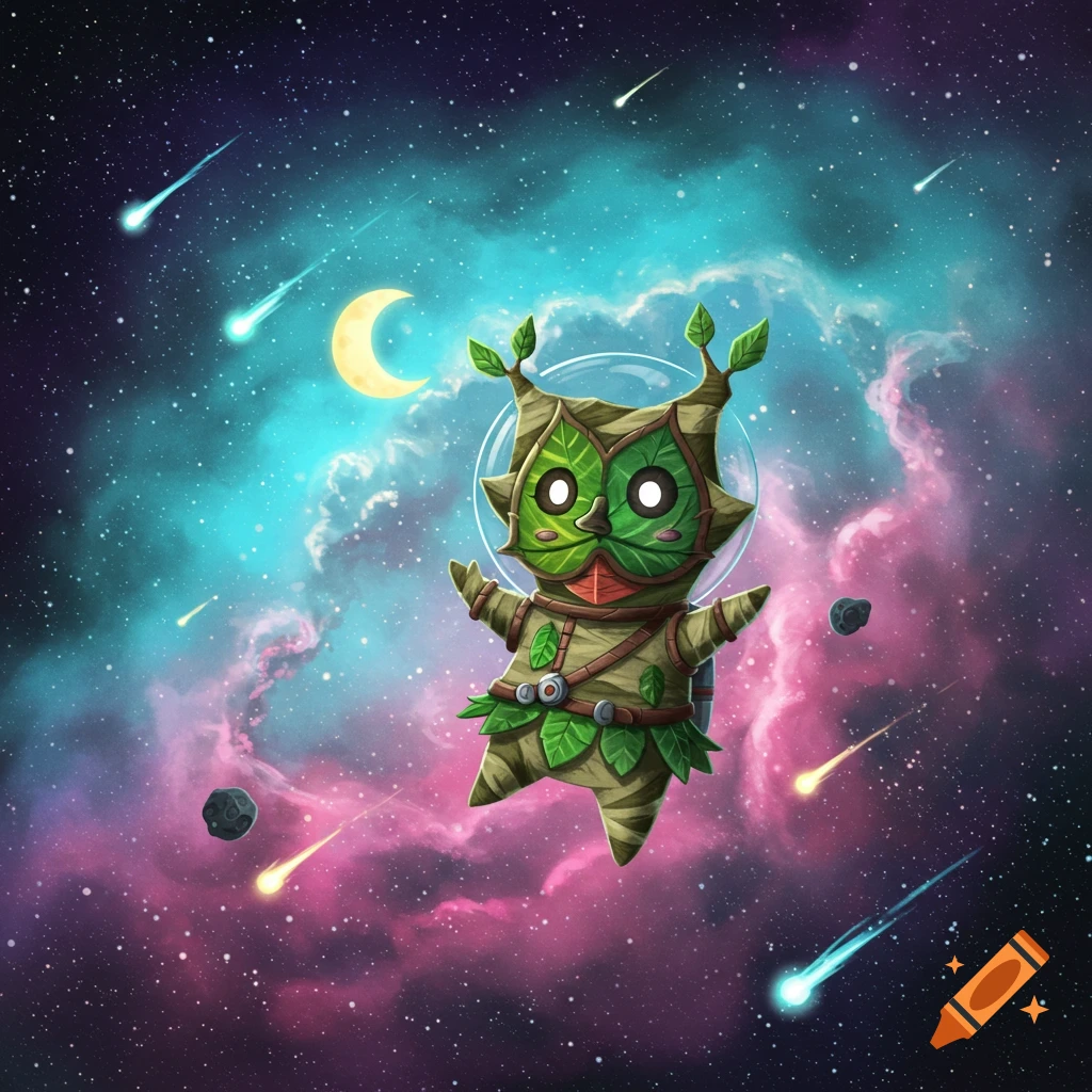 A cute, green, leaf-like Korok character in a space helmet floats in a vibrant cosmic sky with stars, nebulae, and a crescent moon.