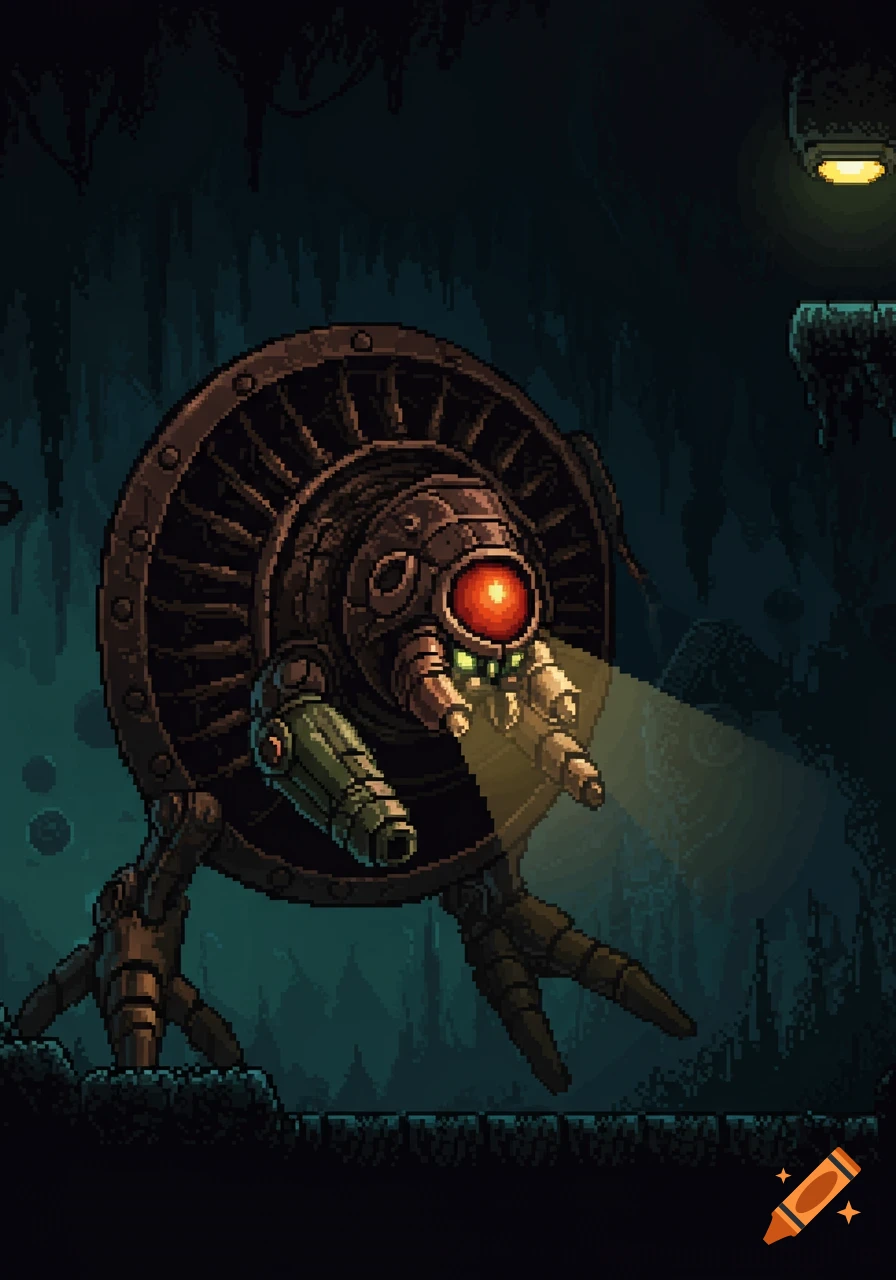 A detailed pixel art depiction of a biomechanical robot boss with a red eye, shining a light in a dark, atmospheric underground cave.