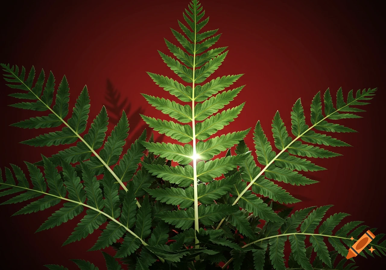 Vibrant green fern fronds with a shining white central vein against a dark red gradient background, fantasy style.