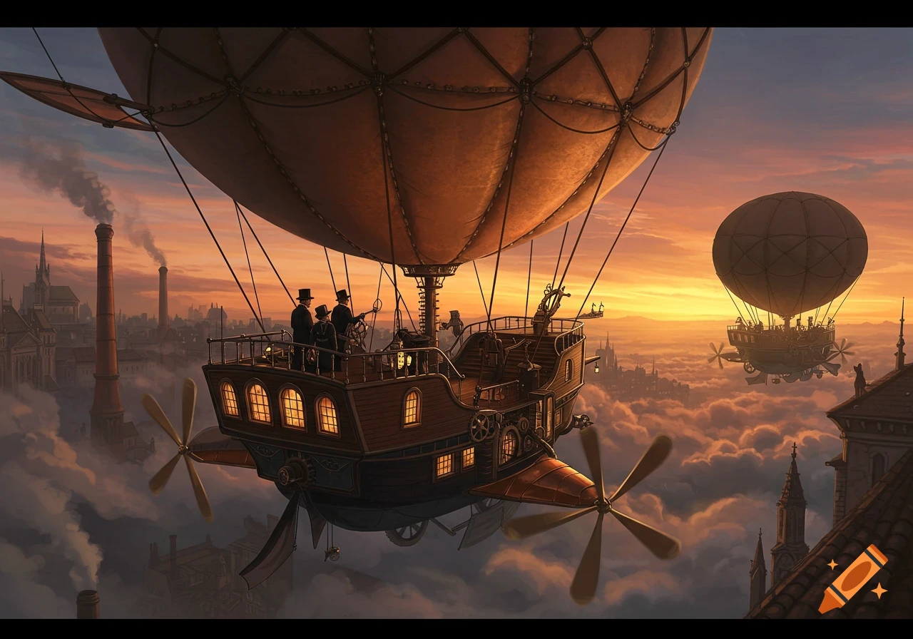 A large steampunk airship with passengers flying over a cloud-covered city at sunset, with another airship in the distance.