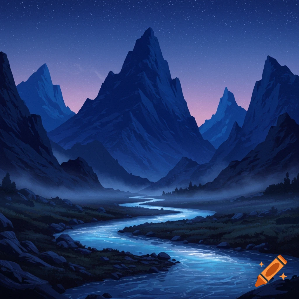 A stylized night landscape features dark blue mountains under a starry sky, with a glowing blue river winding through a valley.