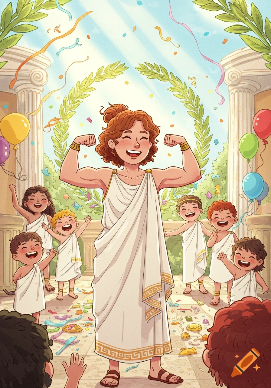 Cartoon of a strong woman in a toga flexing at a cheerful ancient Greek party with laughing children and confetti.