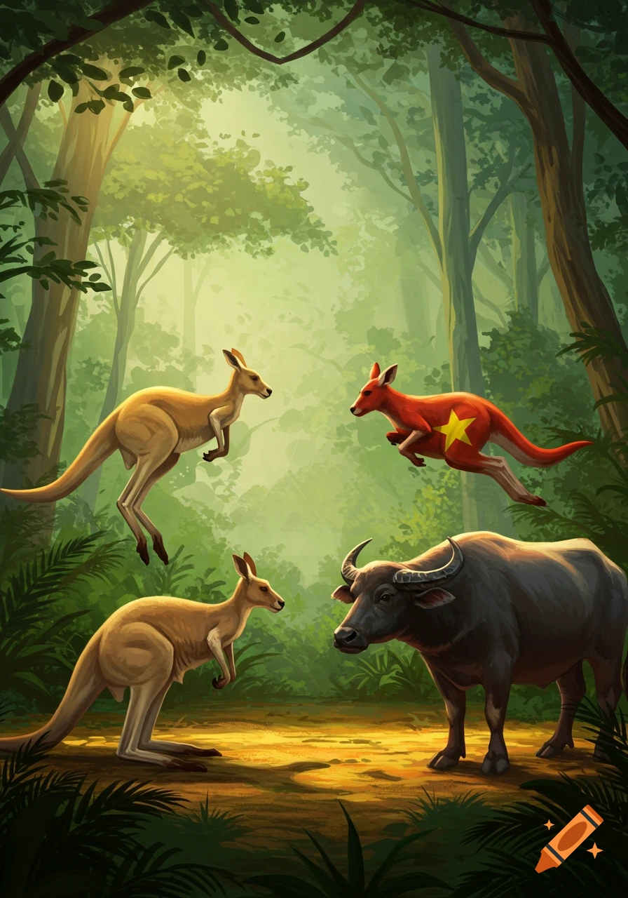 An illustrated scene of three kangaroos and a water buffalo in a jungle; one kangaroo is red with a yellow star, symbolizing Vietnam.