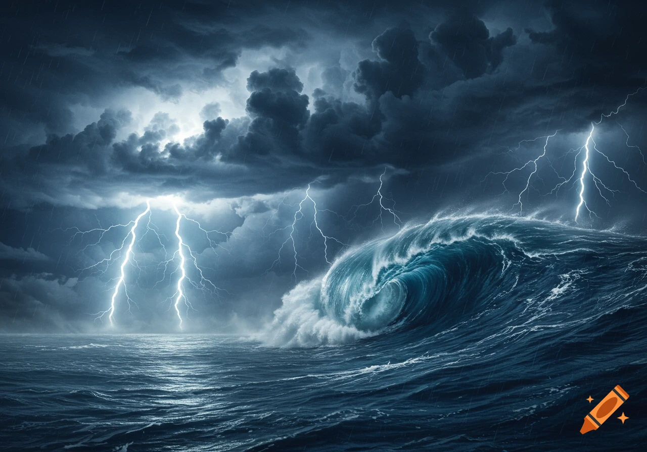 A large, dark blue wave crashes in a stormy ocean under a dark, cloudy sky with multiple bright lightning bolts striking down.