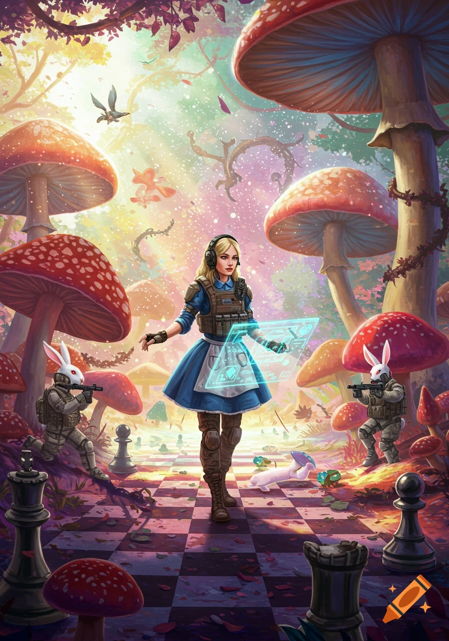 Alice in tactical gear and a blue dress stands in a vibrant mushroom forest with armed rabbit soldiers and chess pieces, interacting with a hologram.