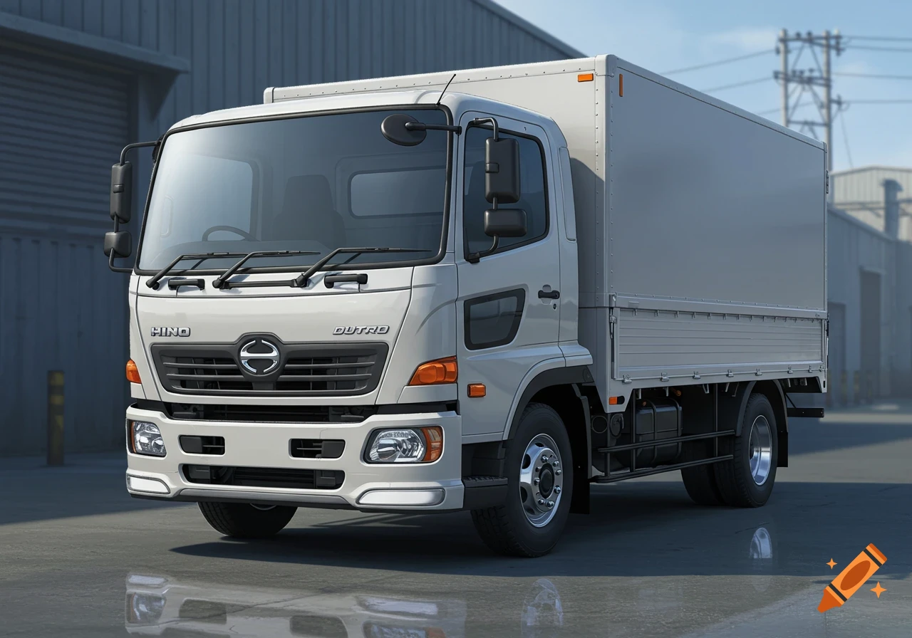 A photorealistic white Hino Dutro box truck parked in an industrial area, reflecting on wet ground.