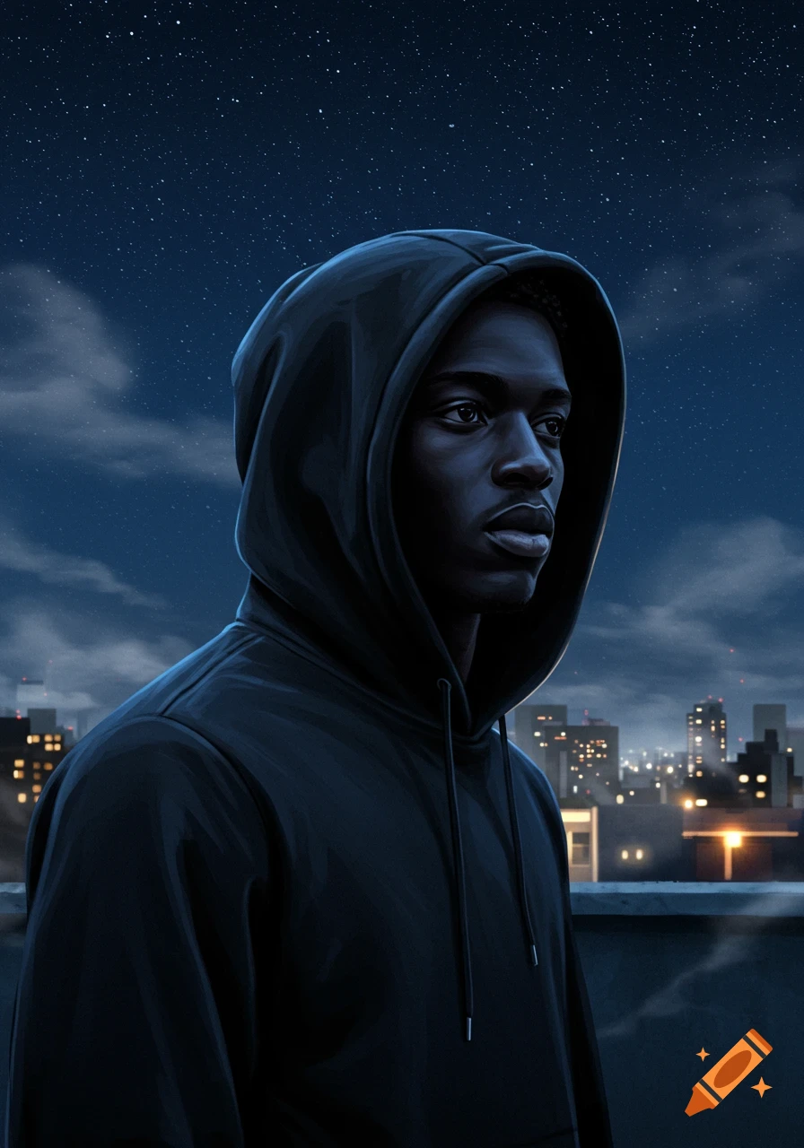 Digital painting of a young Black man in a dark hoodie on a rooftop at night, with a city skyline and starry sky.
