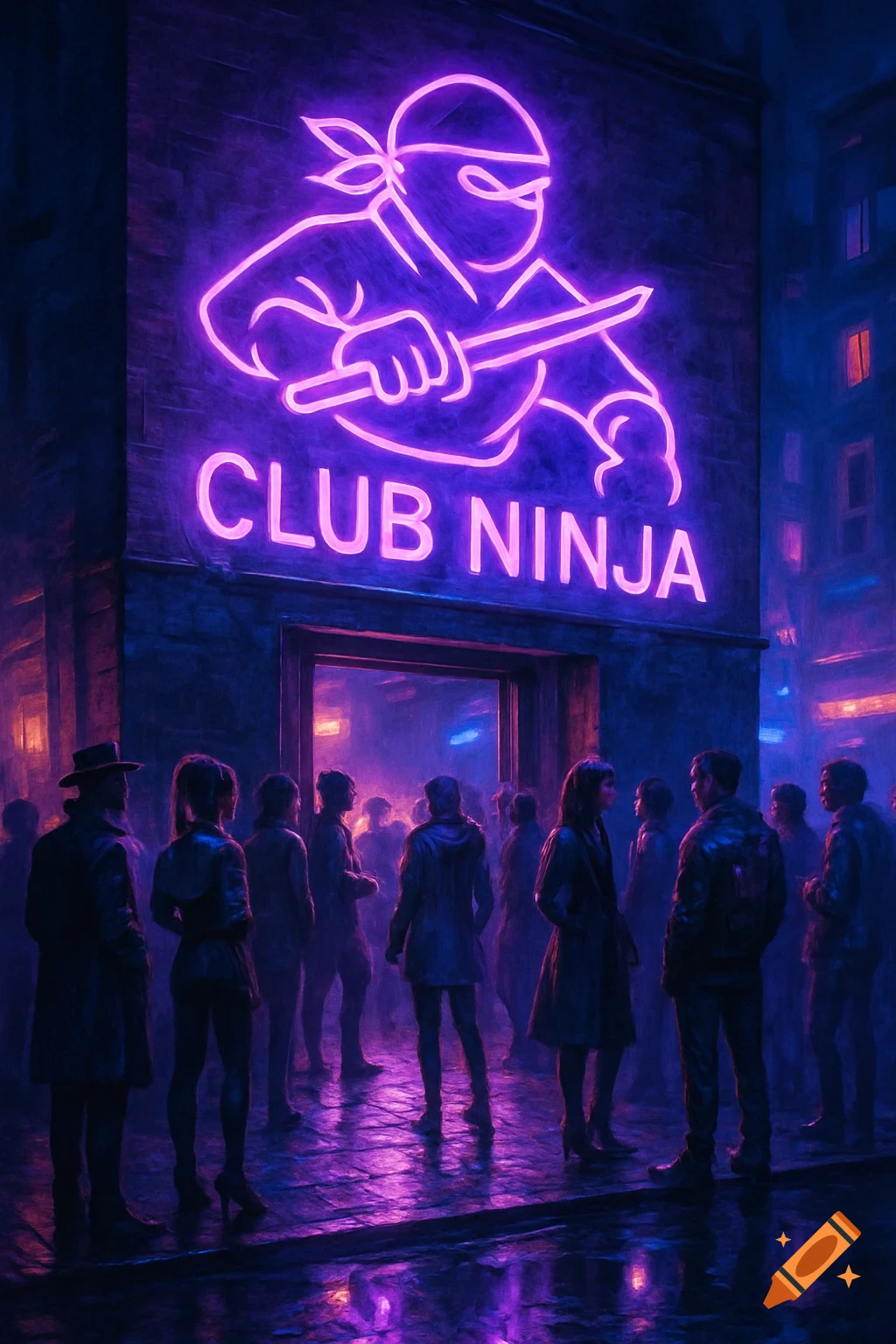 Vibrant, painterly image of people outside 'Club Ninja' nightclub, under a glowing purple neon ninja sign and blue city lights at night.