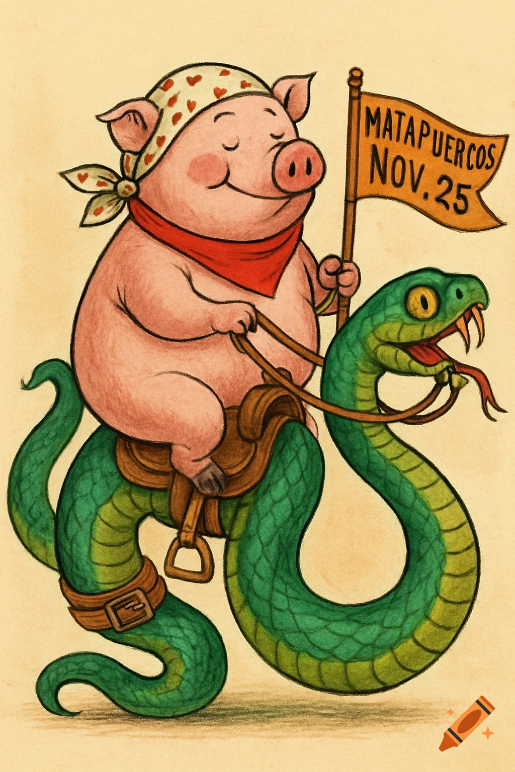 A cartoon pig wearing a bandana and headscarf rides a green snake with a saddle and bridle, holding a flag saying "MATAPUERCOS NOV. 25".