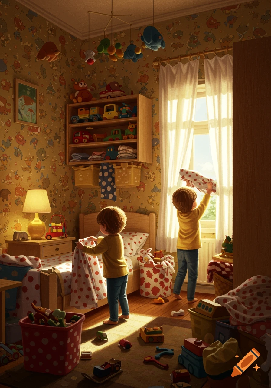 Two children tidy their sunlit, toy-filled room, one making the bed, the other at a window. Illustrated.