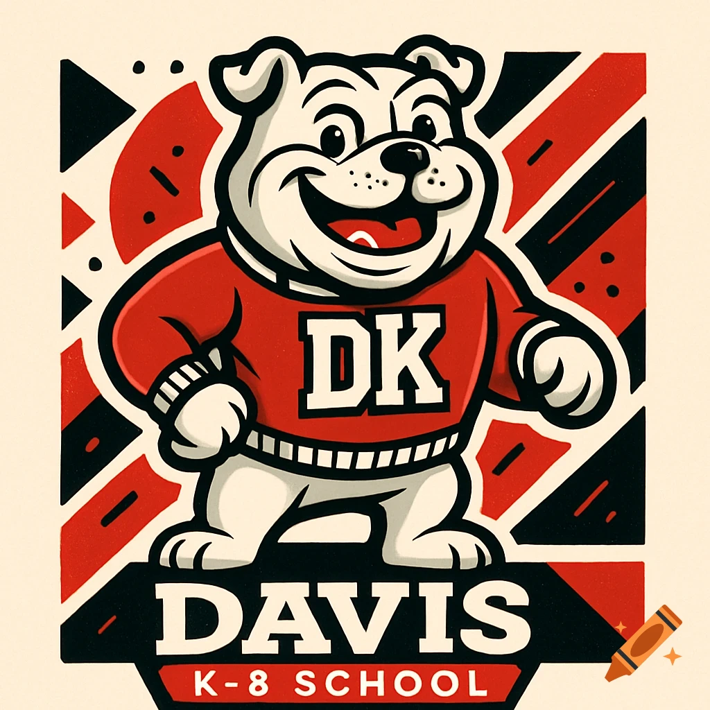 Cartoon bulldog mascot in a red sweater with "DK" on it, and "DAVIS K-8 SCHOOL" below, in a red, black, and white design.